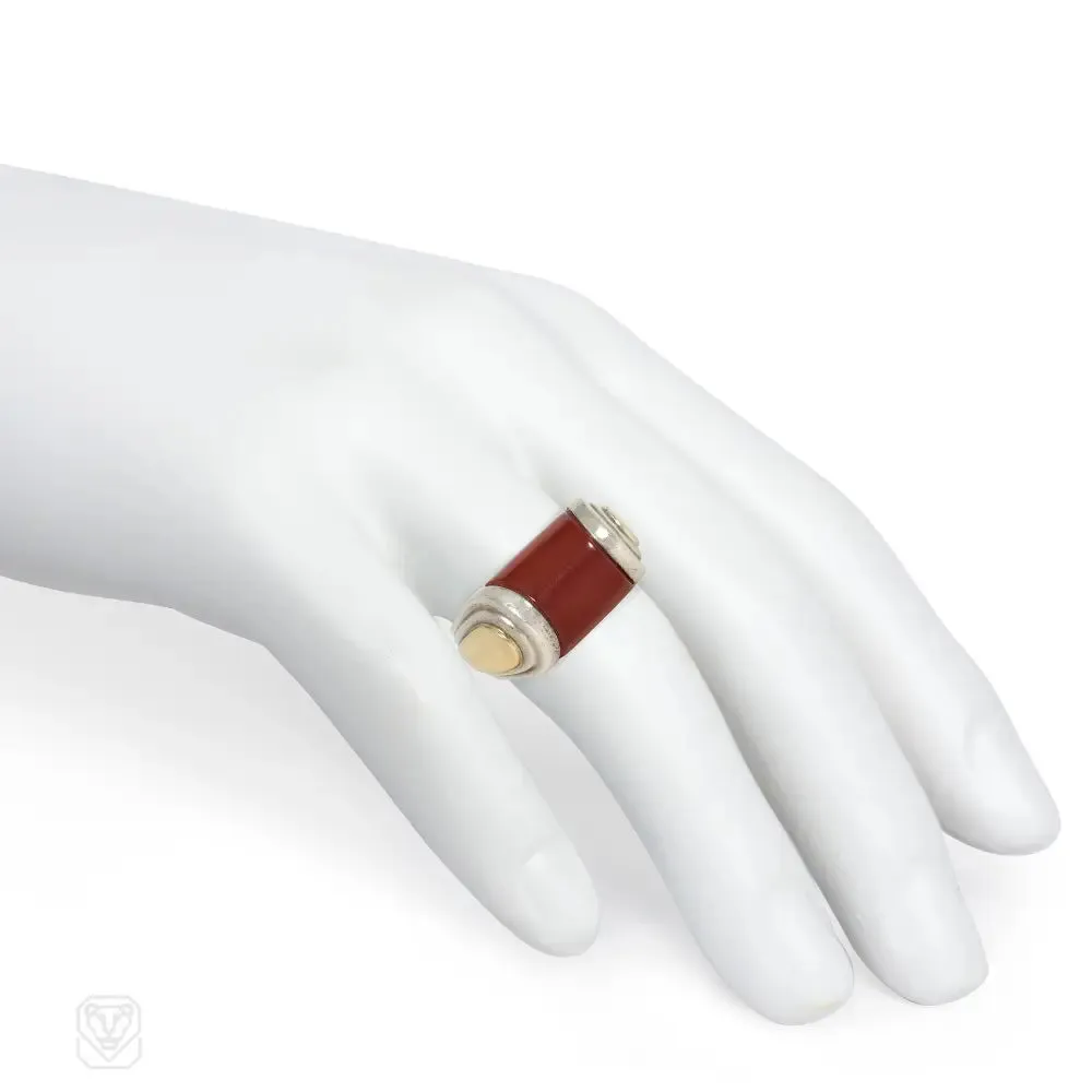 Art Moderne style carnelian, gold, silver ring, Puiforcat