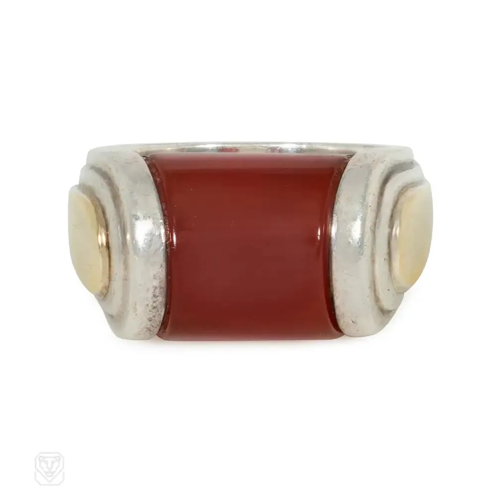 Art Moderne style carnelian, gold, silver ring, Puiforcat