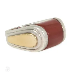 Art Moderne style carnelian, gold, silver ring, Puiforcat