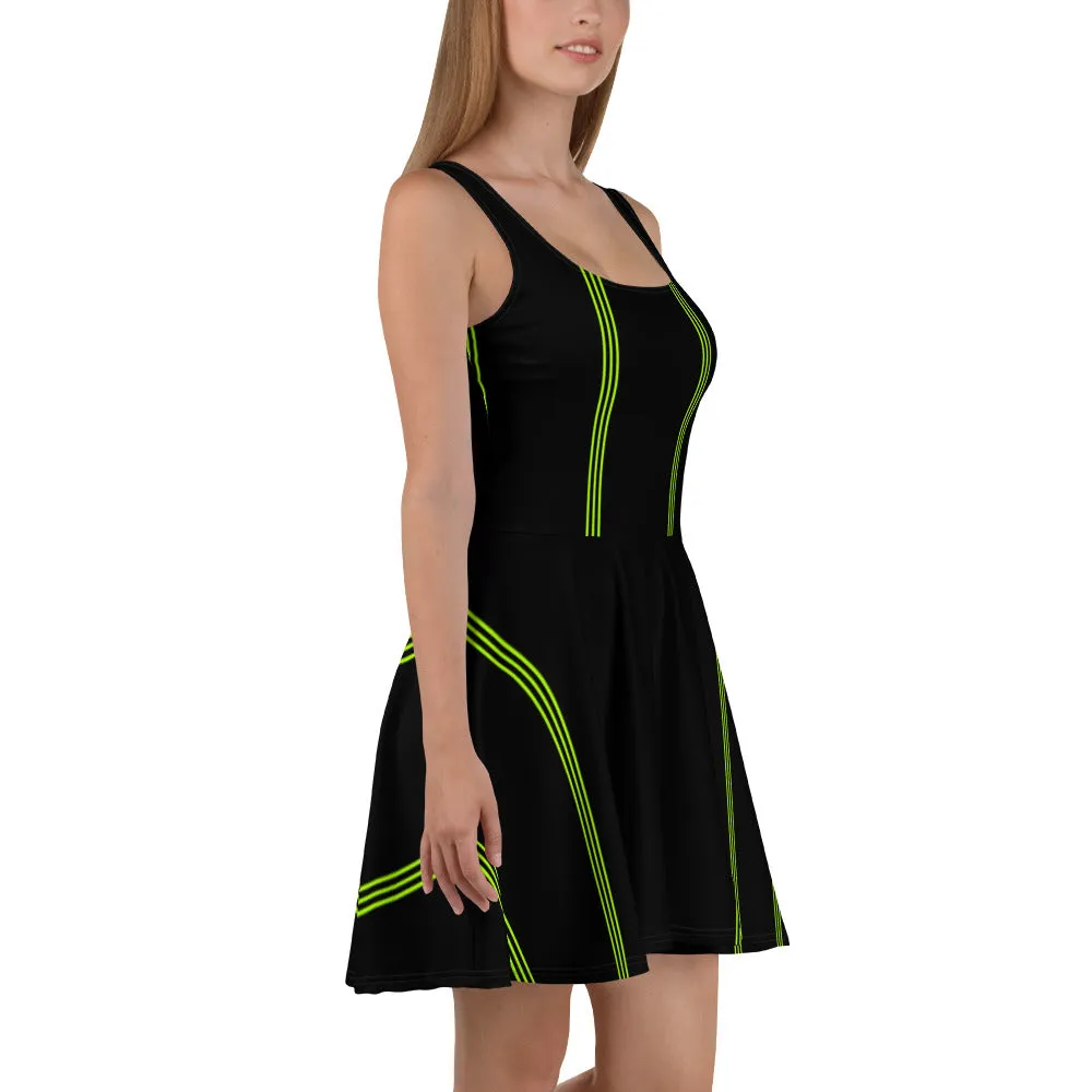 Black Green Striped Skater Dress, Vertical Stripes Women's Sleeveless Dress-Made in USA/EU/MX