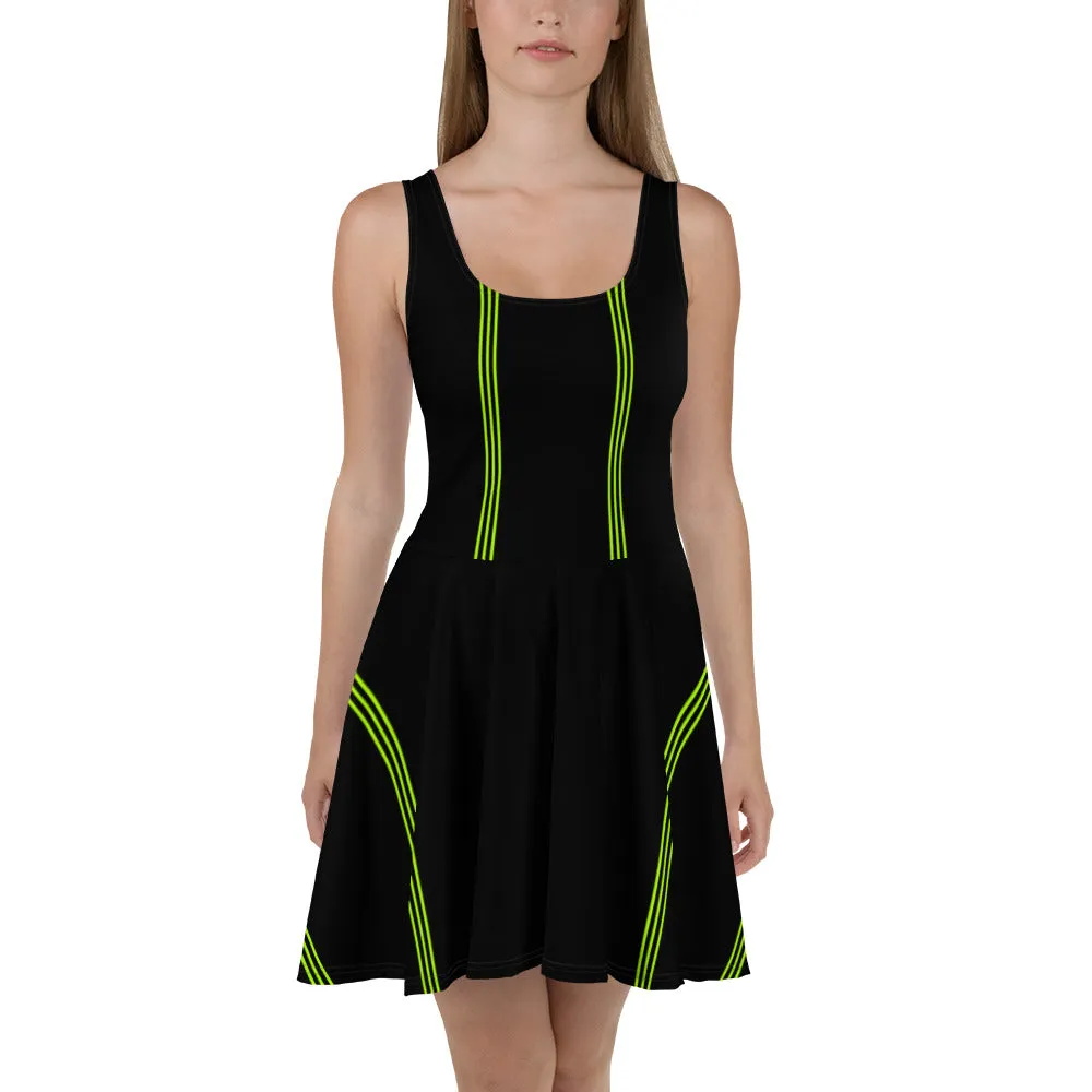 Black Green Striped Skater Dress, Vertical Stripes Women's Sleeveless Dress-Made in USA/EU/MX