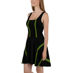 Black Green Striped Skater Dress, Vertical Stripes Women's Sleeveless Dress-Made in USA/EU/MX