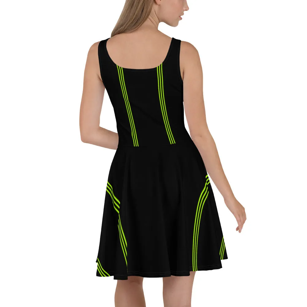 Black Green Striped Skater Dress, Vertical Stripes Women's Sleeveless Dress-Made in USA/EU/MX