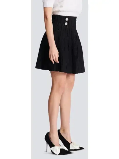 Black Ribbed Knit Skater Mini Skirt with Crystal Buttons