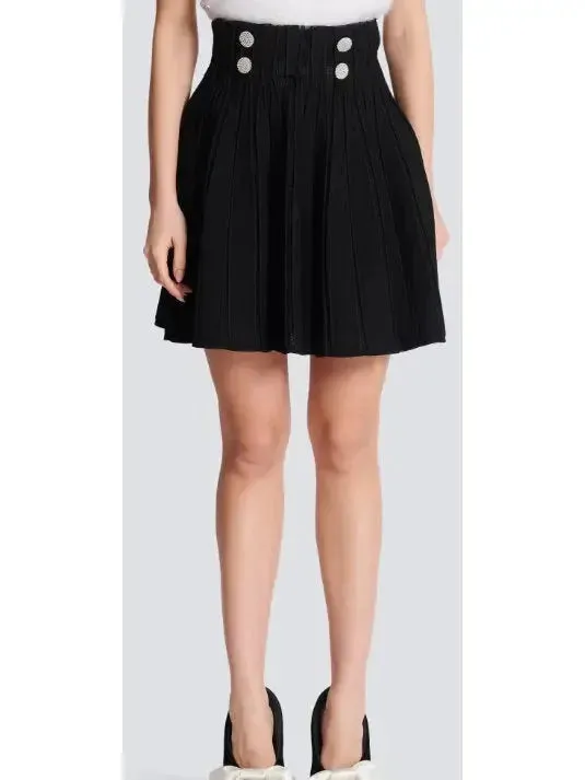 Black Ribbed Knit Skater Mini Skirt with Crystal Buttons