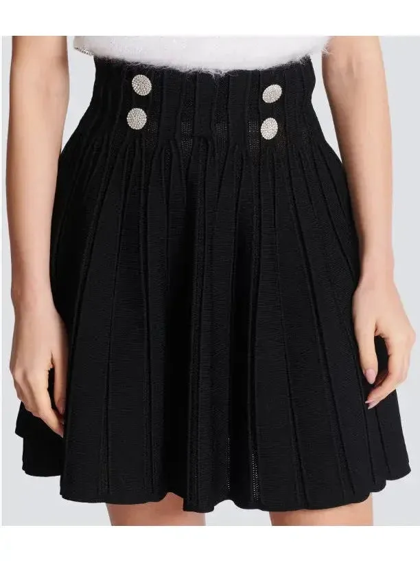 Black Ribbed Knit Skater Mini Skirt with Crystal Buttons