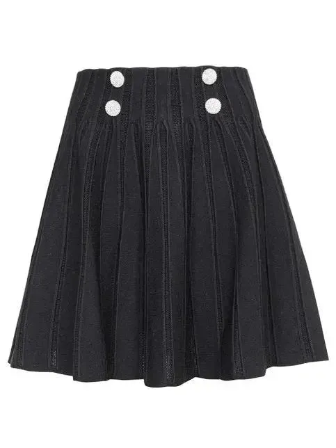 Black Ribbed Knit Skater Mini Skirt with Crystal Buttons