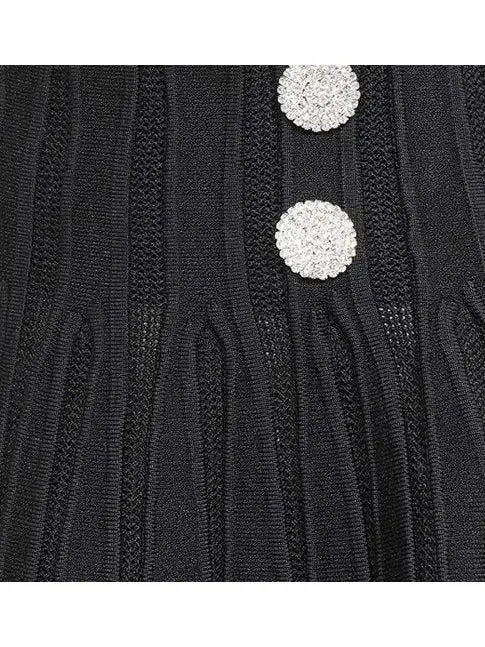 Black Ribbed Knit Skater Mini Skirt with Crystal Buttons