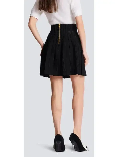 Black Ribbed Knit Skater Mini Skirt with Crystal Buttons