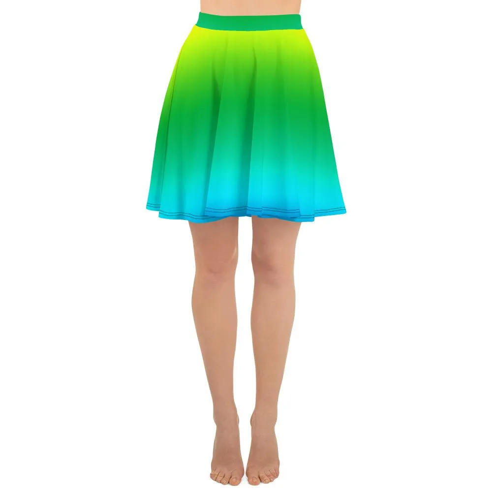 Blue Green Rainbow Skater Skirt, Radial Ombre Print Mid-Thigh Soft Women's Skater Skirt- Made in USA/EU