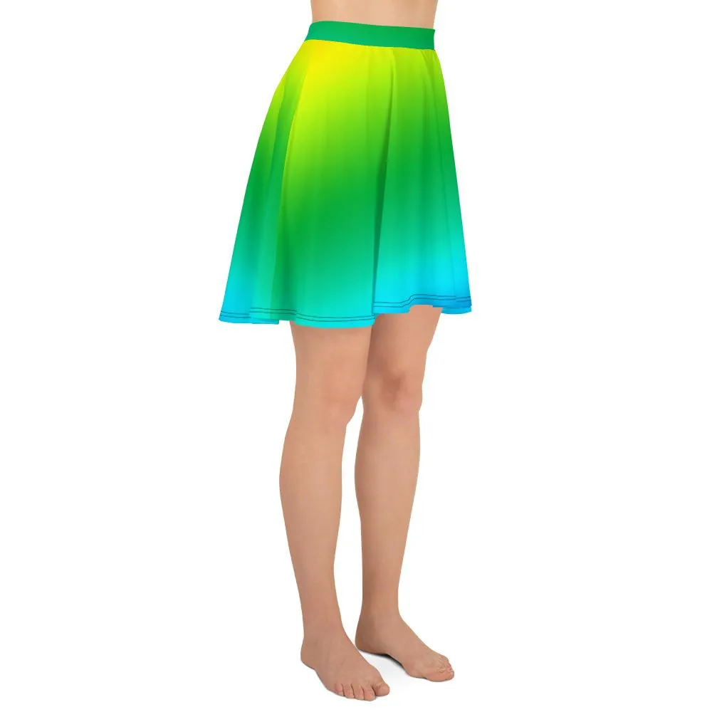 Blue Green Rainbow Skater Skirt, Radial Ombre Print Mid-Thigh Soft Women's Skater Skirt- Made in USA/EU