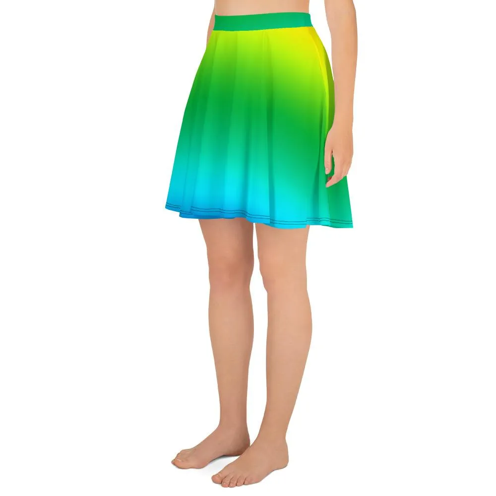 Blue Green Rainbow Skater Skirt, Radial Ombre Print Mid-Thigh Soft Women's Skater Skirt- Made in USA/EU