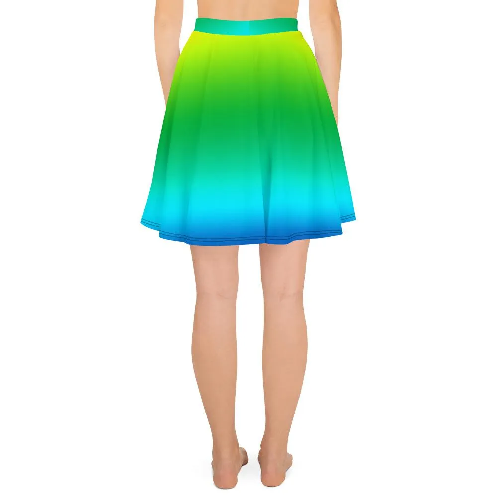 Blue Green Rainbow Skater Skirt, Radial Ombre Print Mid-Thigh Soft Women's Skater Skirt- Made in USA/EU