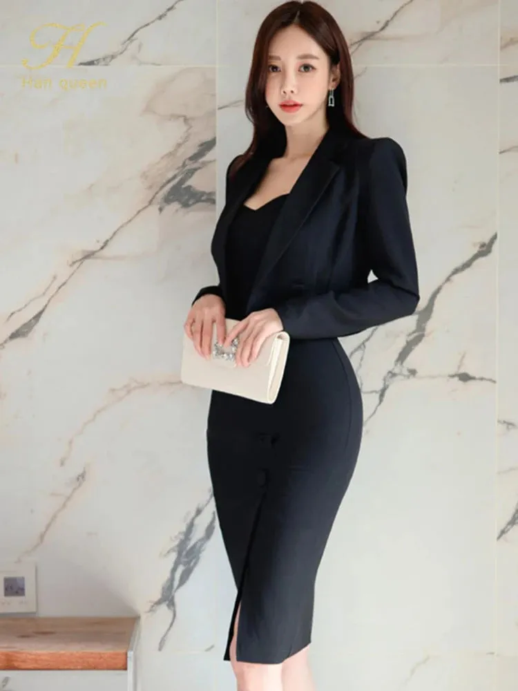 Bonnyshow  Queen Summer Vestidos Korean 2 Pieces Suit Coat And Suspenders Fashion Professional Dress Women Sheath Pencil Dresses