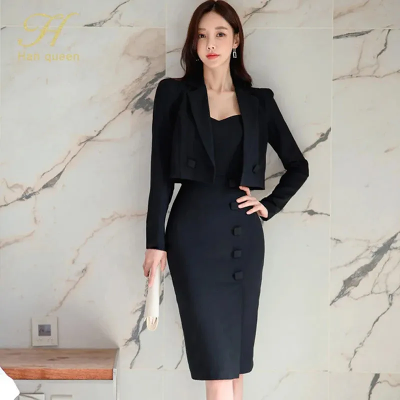 Bonnyshow  Queen Summer Vestidos Korean 2 Pieces Suit Coat And Suspenders Fashion Professional Dress Women Sheath Pencil Dresses