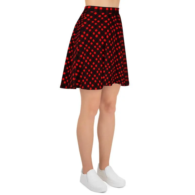 Buffalo Red Plaid Skater Skirt, Plaid Flannel Print Women's Skater Skirt- Made in USA/EU (US Size:XS-3XL)