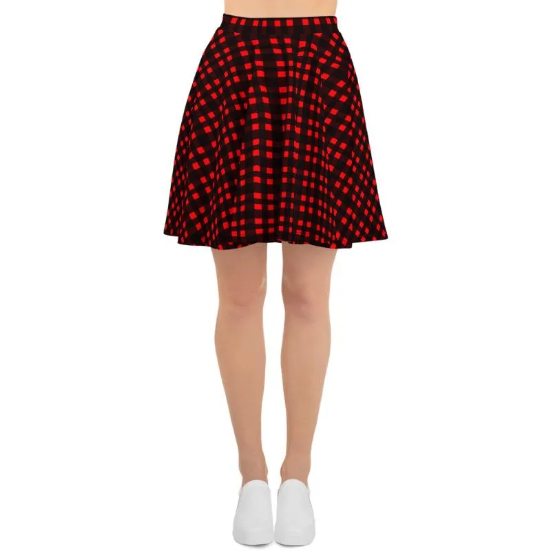 Buffalo Red Plaid Skater Skirt, Plaid Flannel Print Women's Skater Skirt- Made in USA/EU (US Size:XS-3XL)