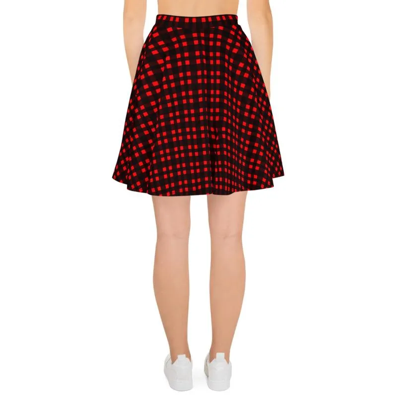 Buffalo Red Plaid Skater Skirt, Plaid Flannel Print Women's Skater Skirt- Made in USA/EU (US Size:XS-3XL)