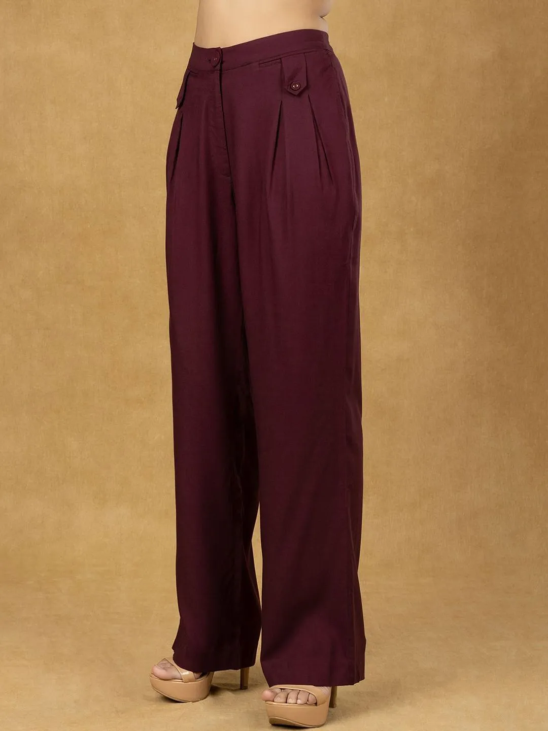 Burgundy Inverted Pleats High Waist  Trouser