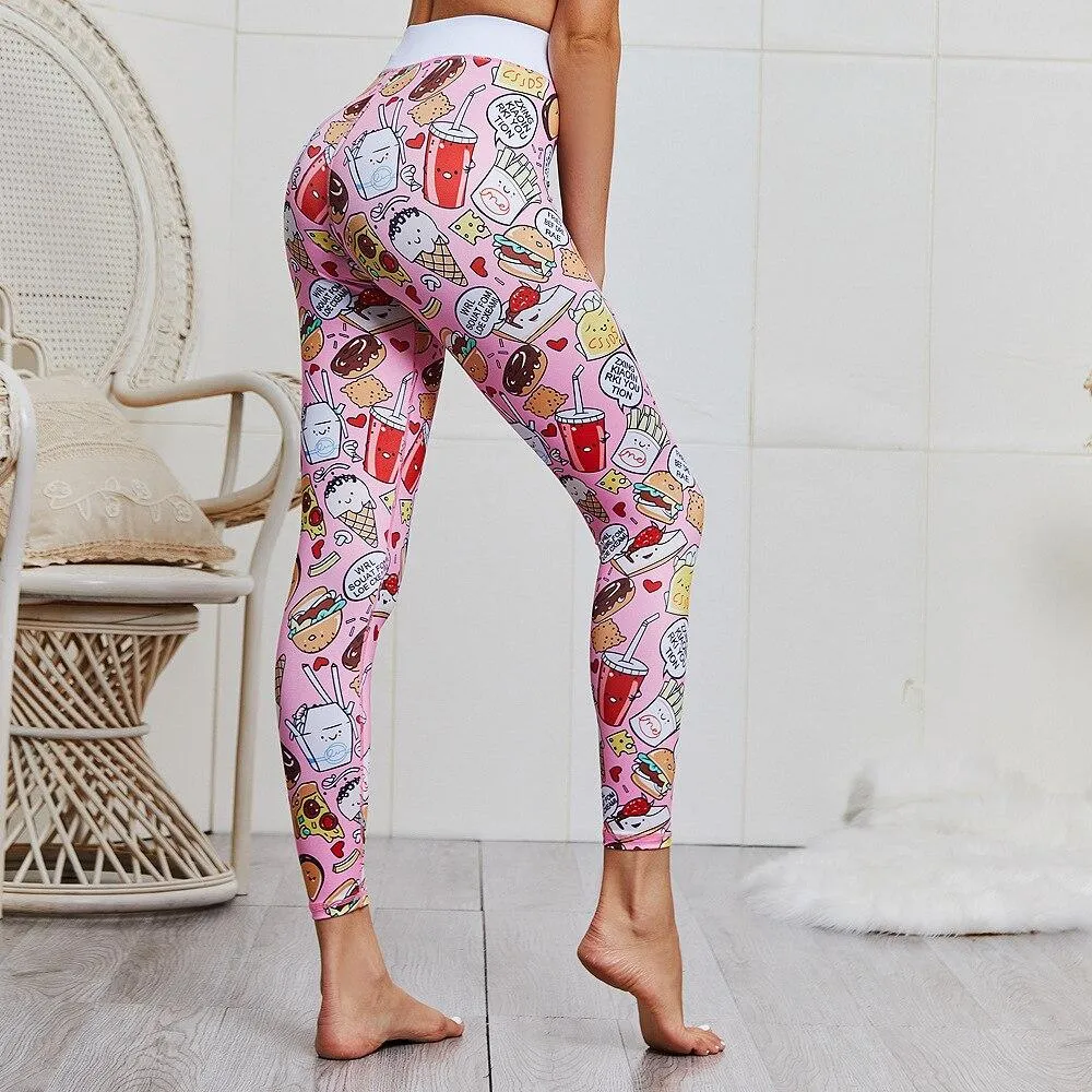 Cartoon Print Yoga Fitness Suits Tank Crop Top High Waist Pants Sportswear