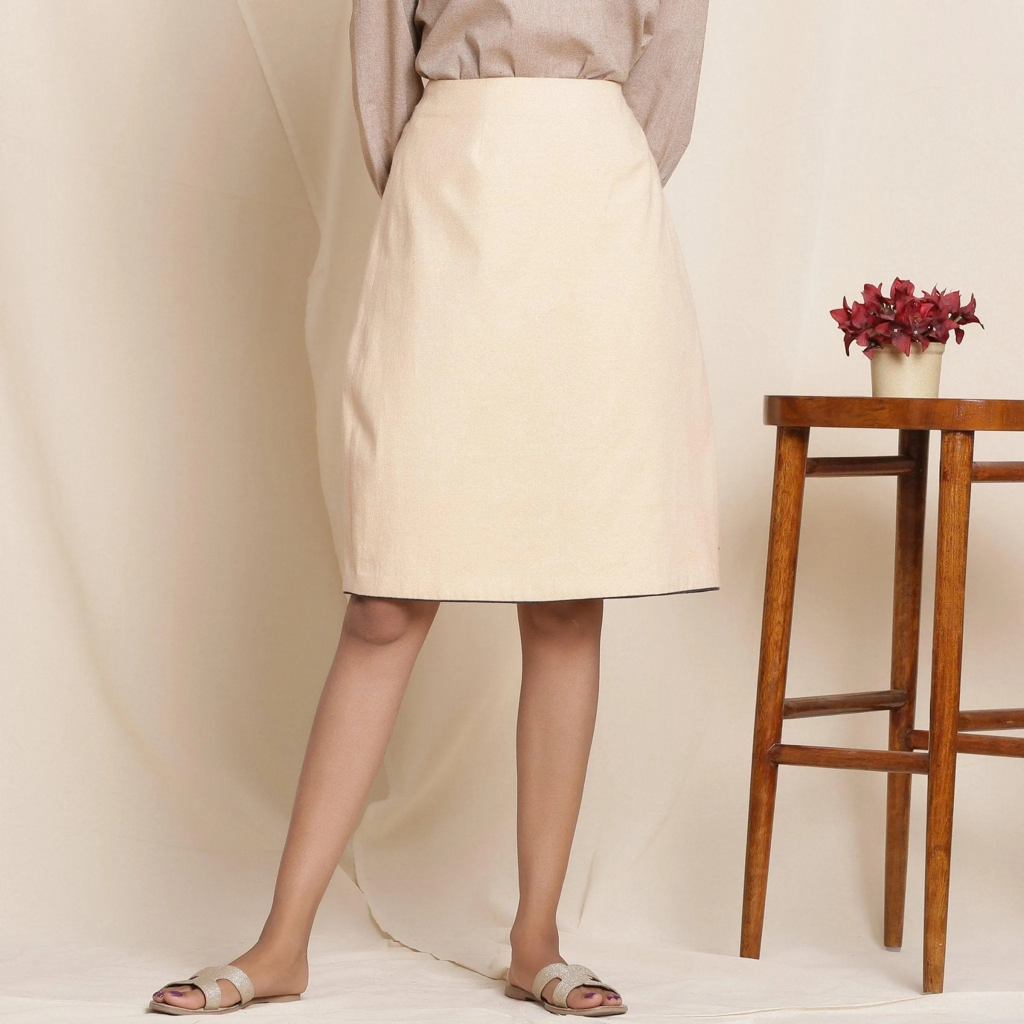 Dusk Beige Warm Cotton Flannel Knee Length Pencil Skirt