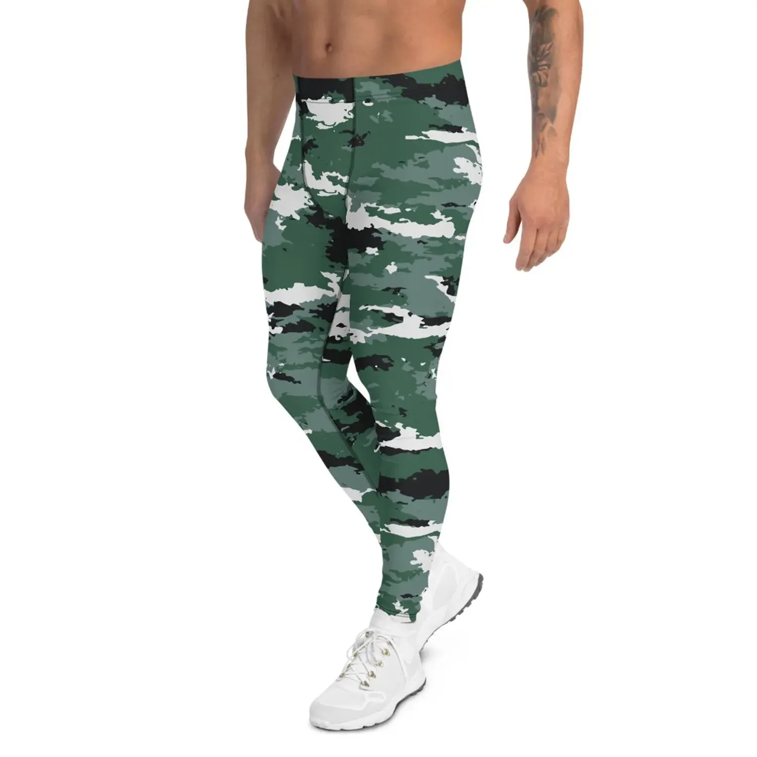 Earth Green Camo Men's Leggings - Moisture-Wicking, Quick-Drying, Compression, UPF 38-40 - Ideal for Surfing, MMA, Crossfit, Running