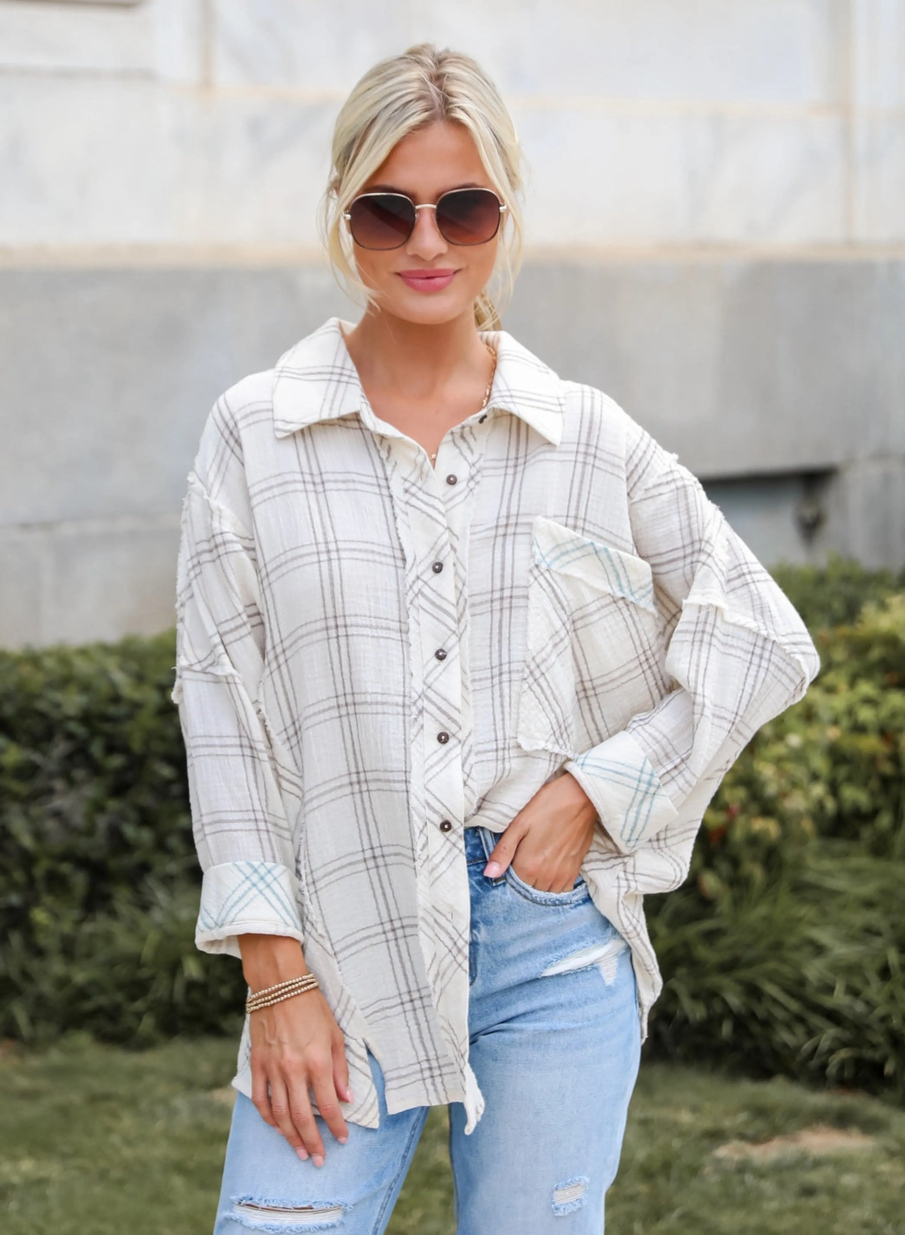 FINAL SALE - Playful Vibes Plaid Linen Button-Up Blouse