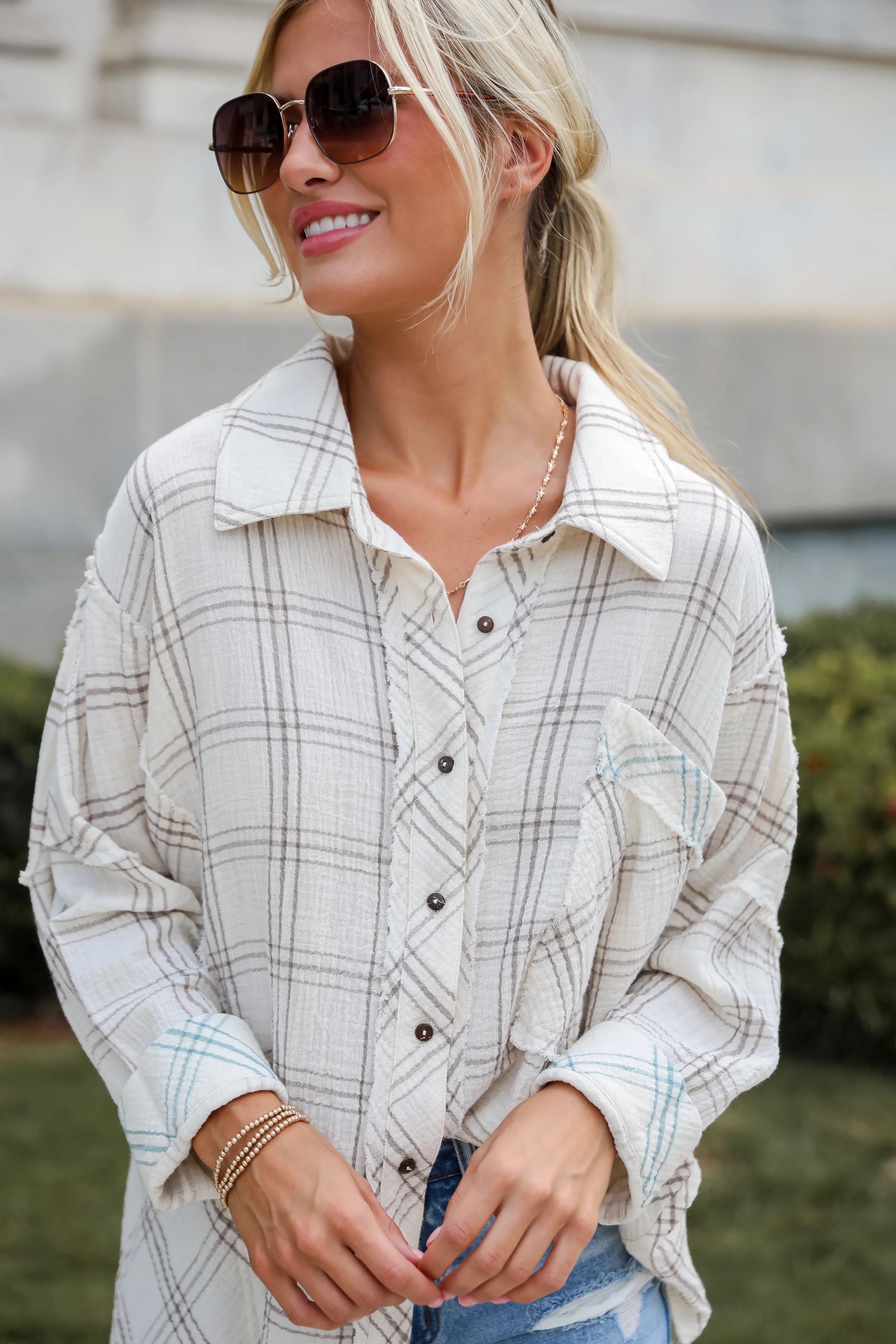 FINAL SALE - Playful Vibes Plaid Linen Button-Up Blouse