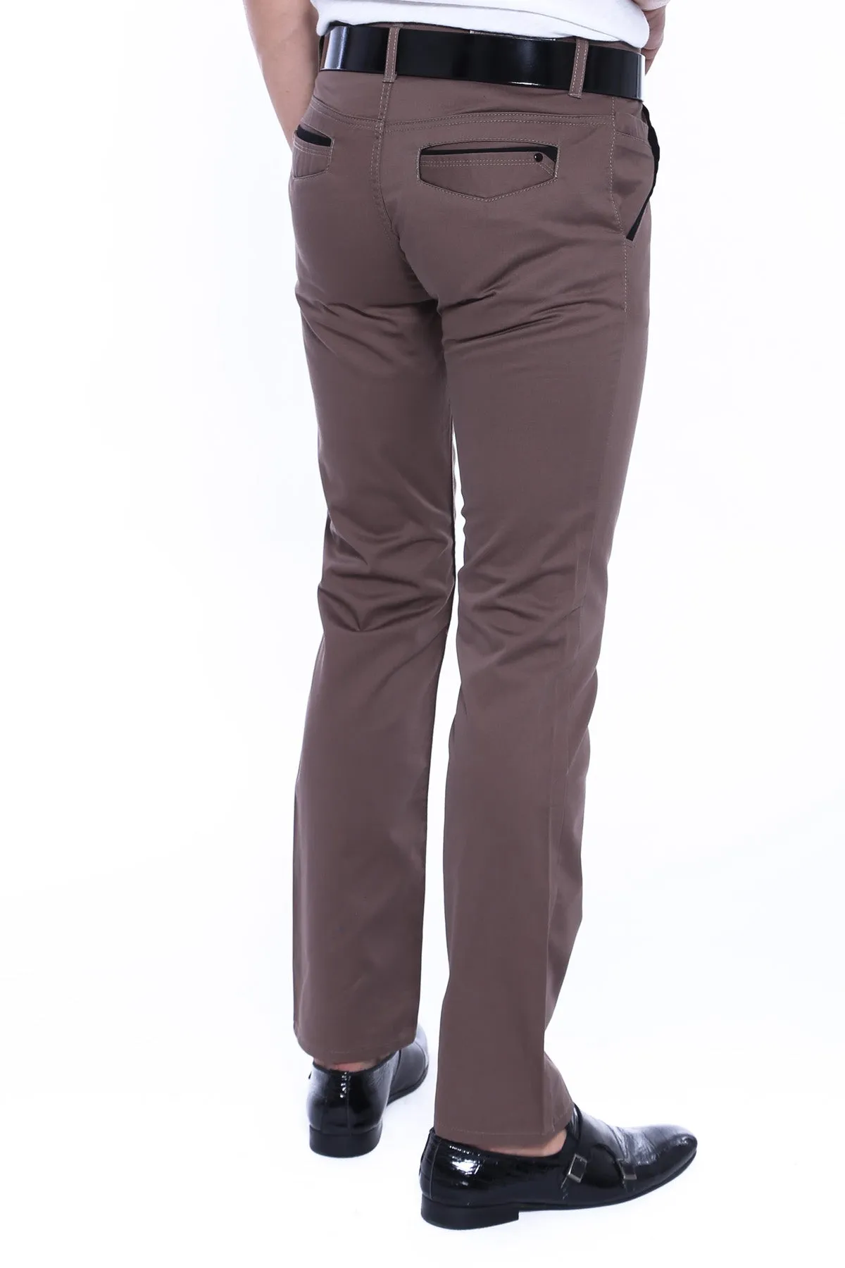 Garment Stitched Pockets Cotton Dark Beige Men Trousers