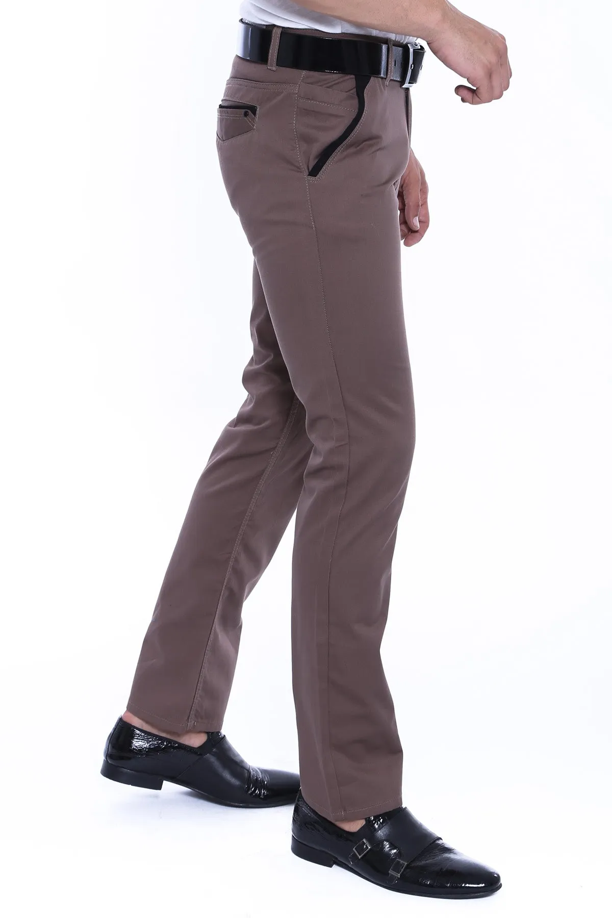 Garment Stitched Pockets Cotton Dark Beige Men Trousers