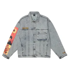 Giacca in Denim Stile College con Girasoli e Autoritratto di Van Gogh: Bomber Casual e Unico