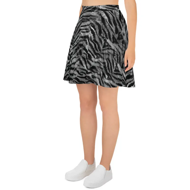 Gray Tiger Stripe Skater Skirt, Animal Print Women's A-Line Tennis Skirt-Made in USA/EU