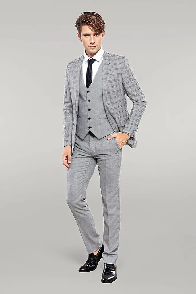 Grey Plaid Vested Men's Suit | Wessi