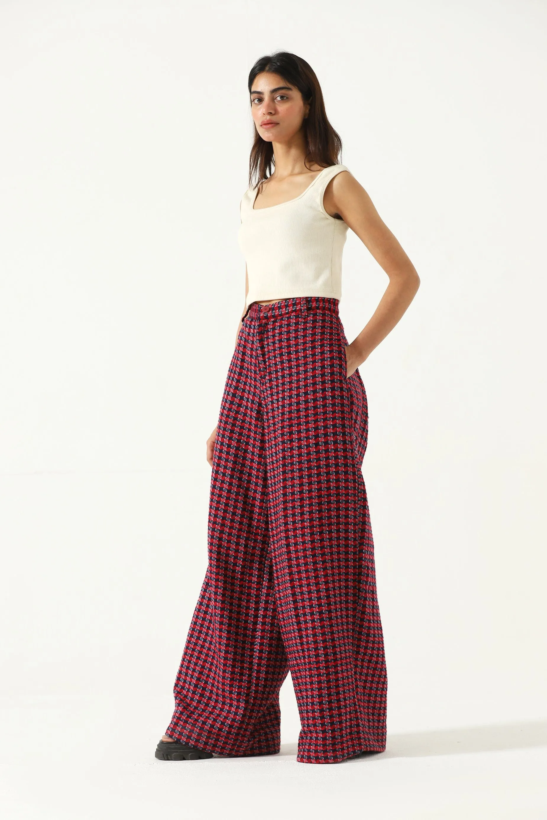 HANDWOVEN PLAID COTTON TROUSERS