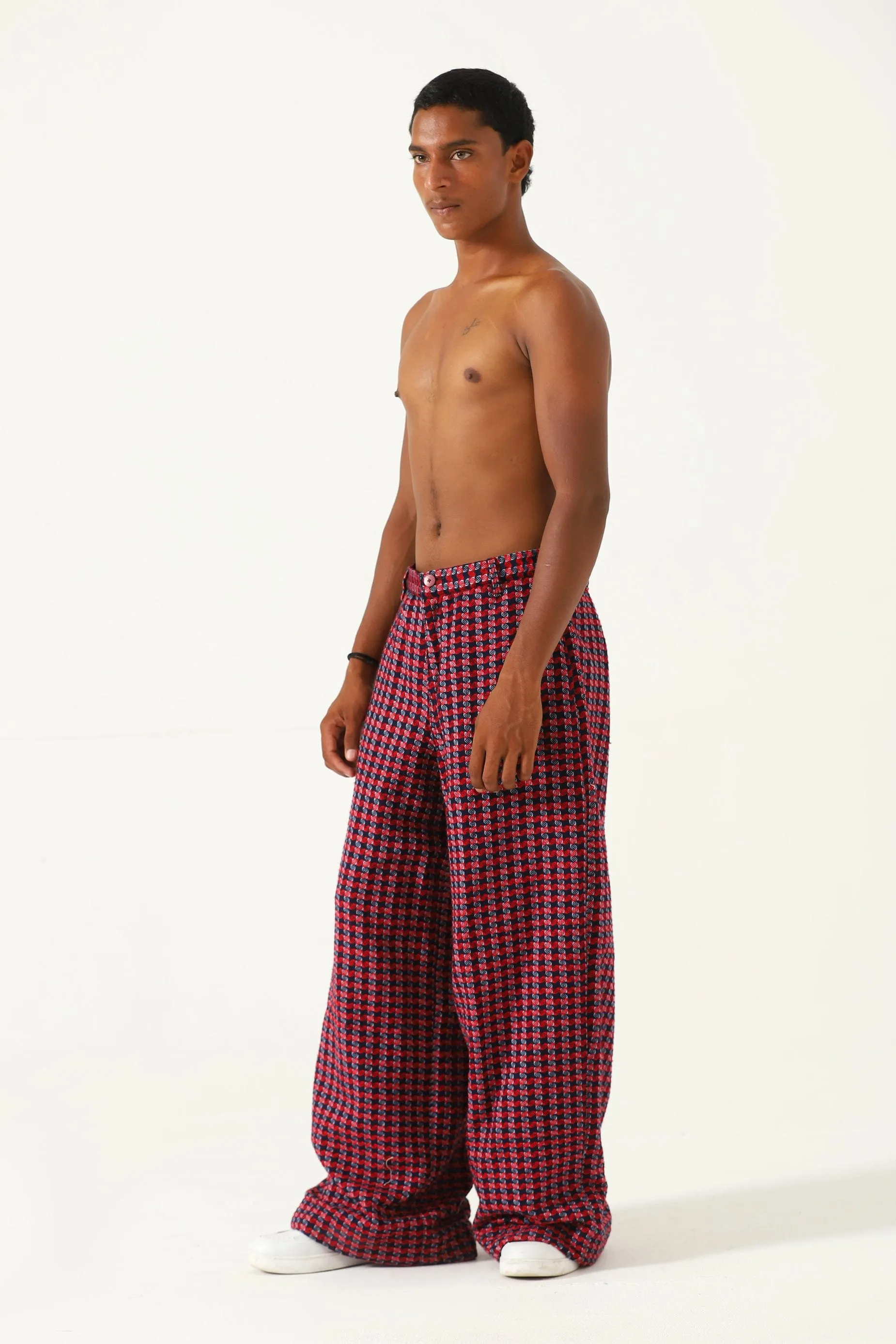 HANDWOVEN PLAID COTTON TROUSERS