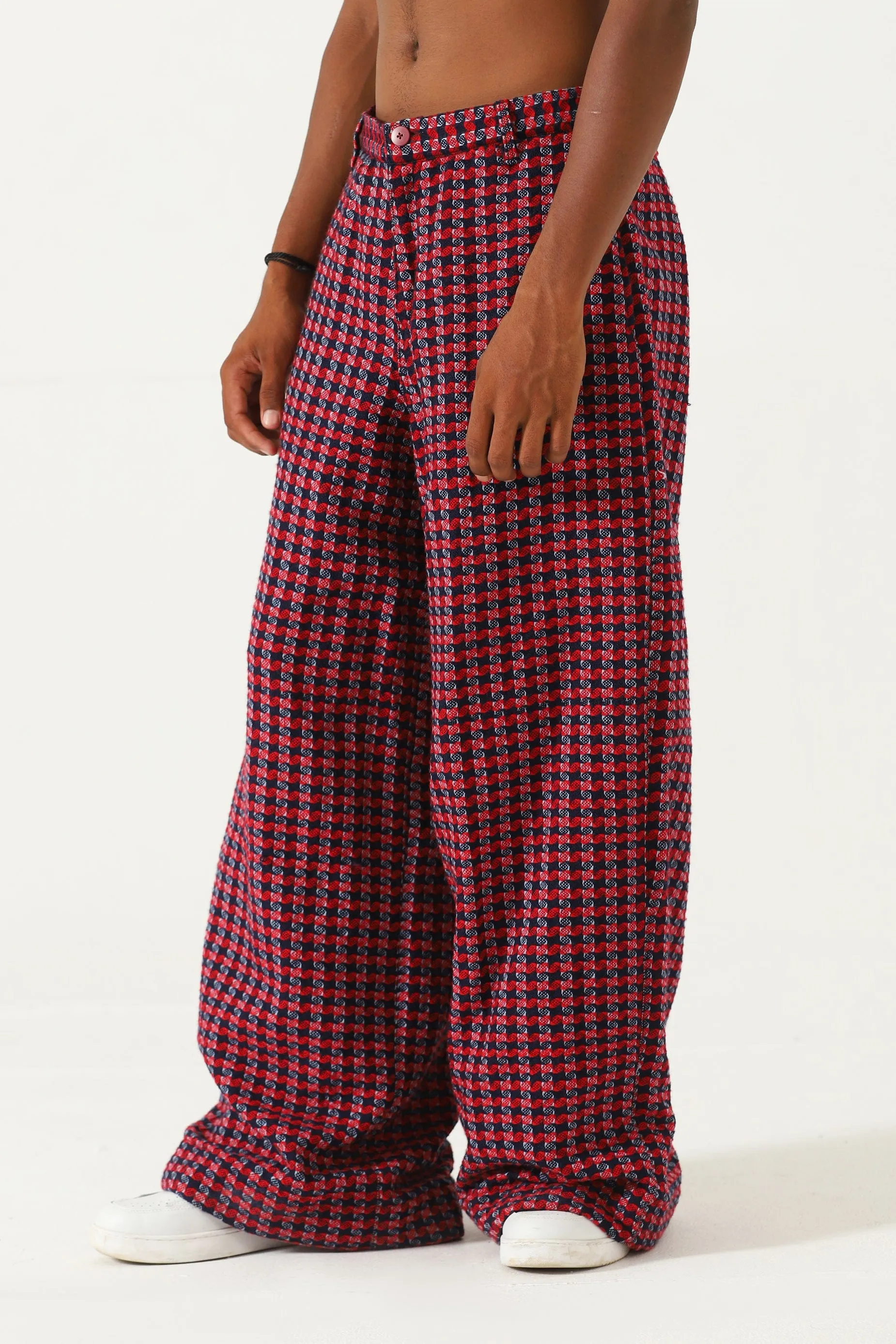 HANDWOVEN PLAID COTTON TROUSERS