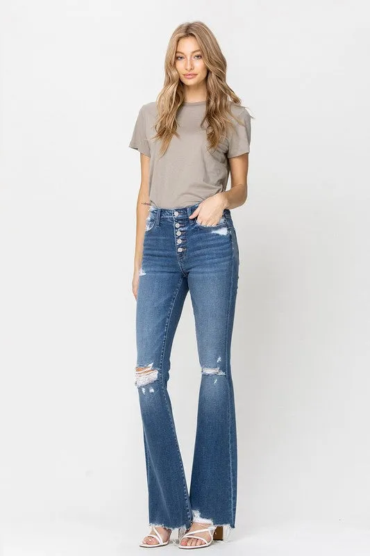 HIGH RISE DISTRESSED RAW HEM FLARE