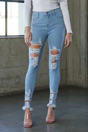 HIGH RISE DISTRESSED SKINNY W RAW HEM