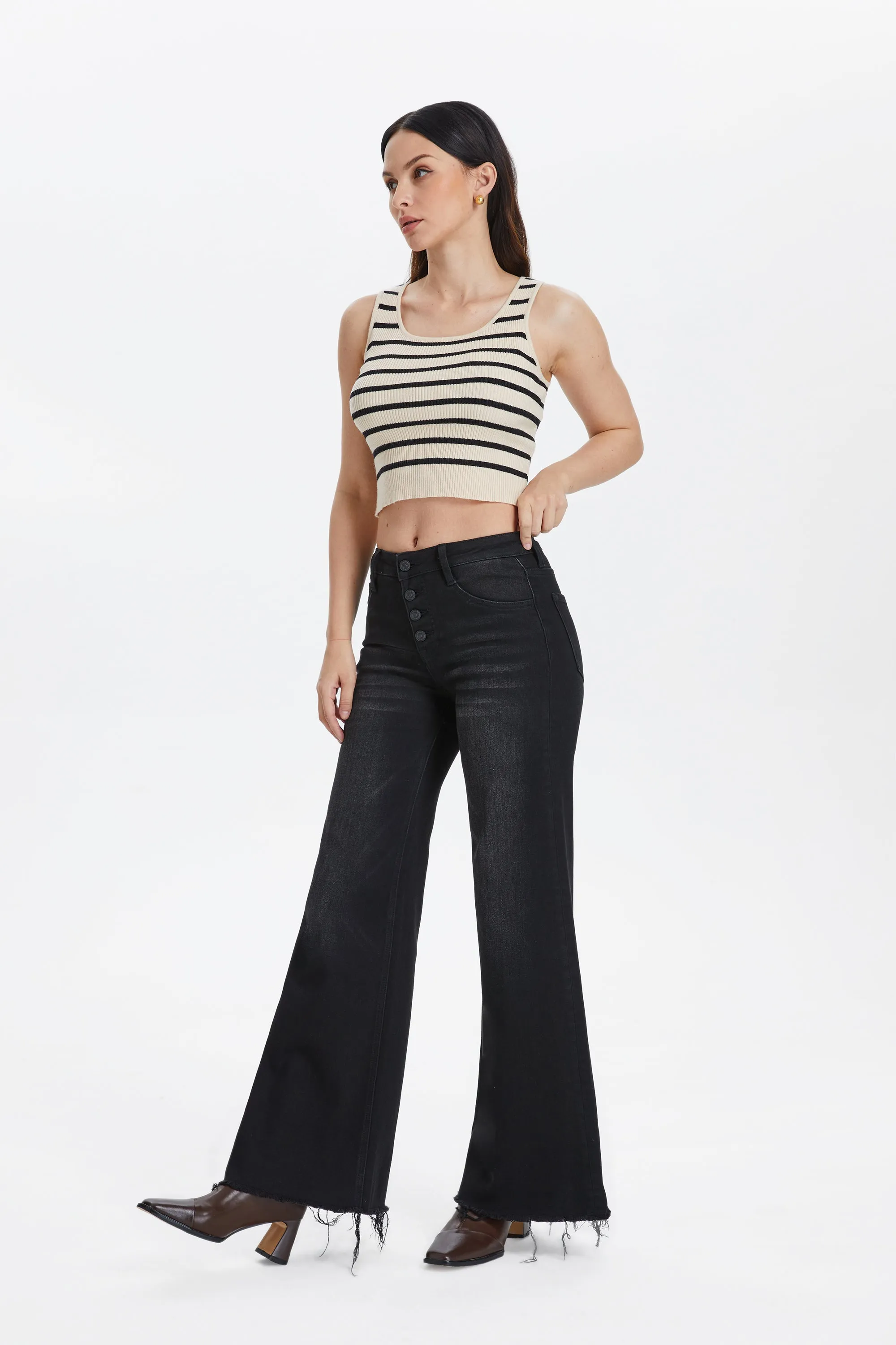 High Rise Wide Leg Denim Jeans With Frayed Hem