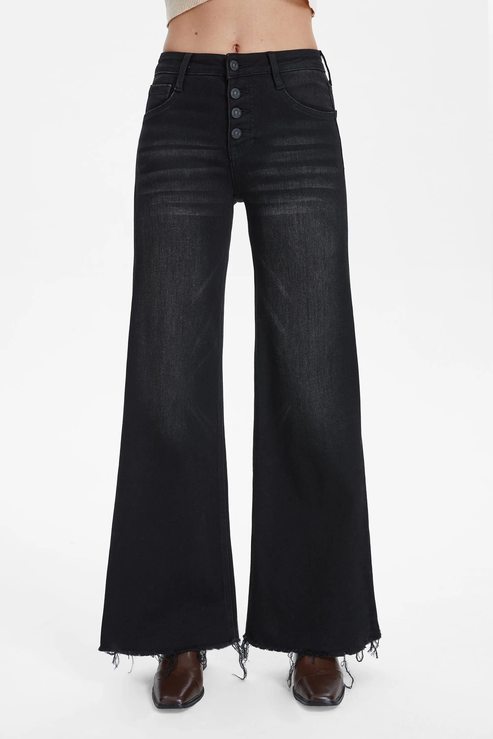 High Rise Wide Leg Denim Jeans With Frayed Hem