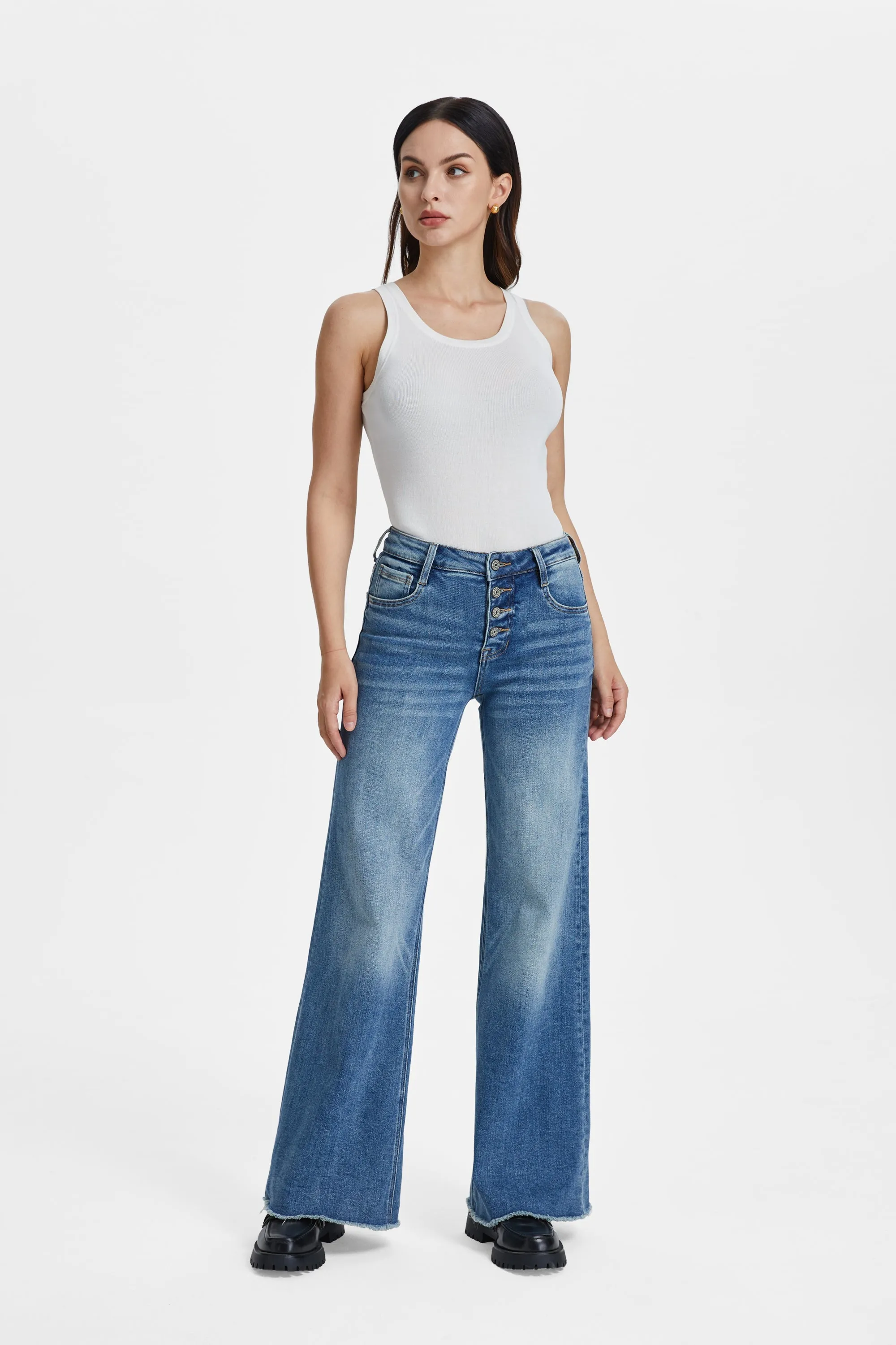 High Rise Wide Leg Denim Jeans With Frayed Hem