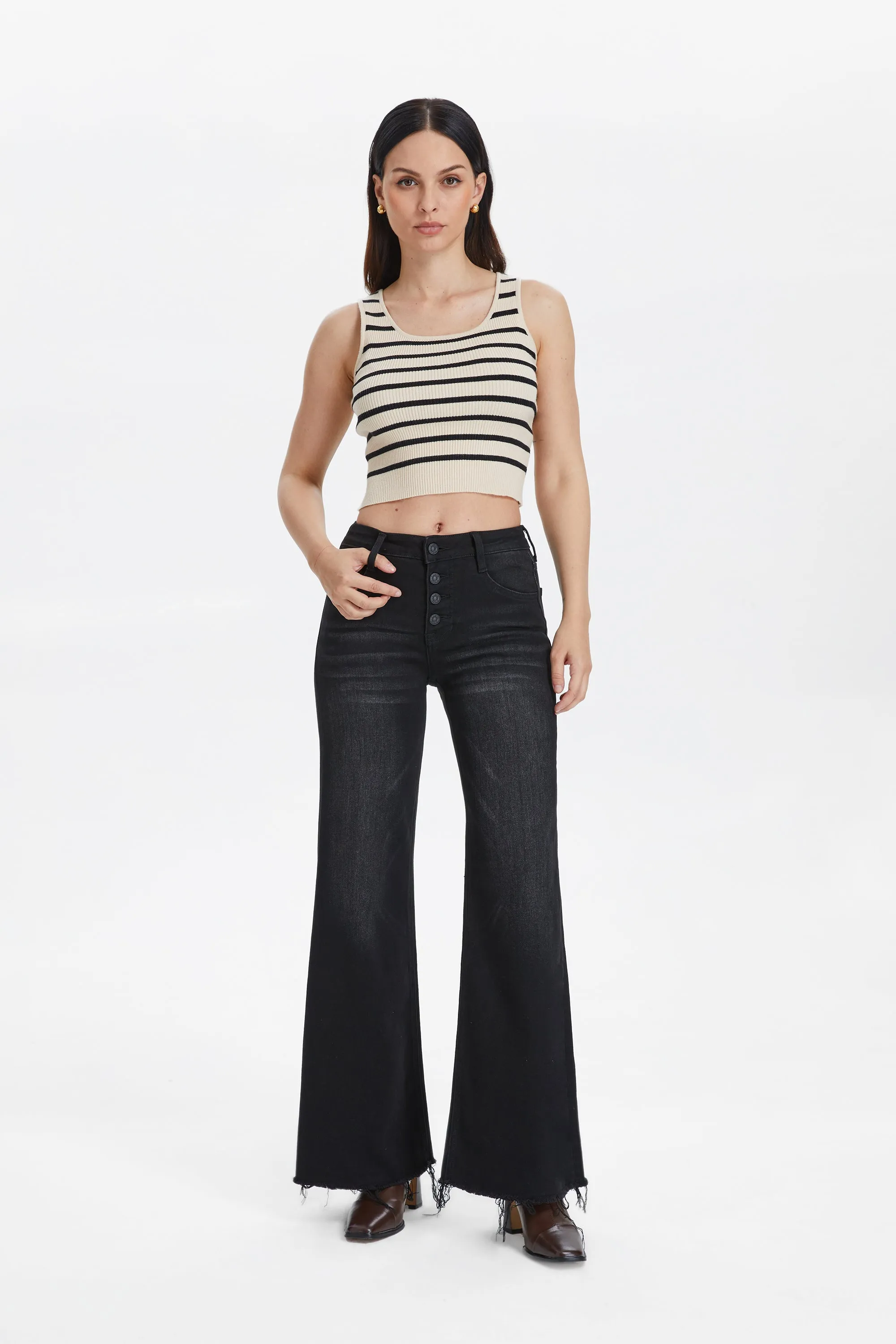 High Rise Wide Leg Denim Jeans With Frayed Hem