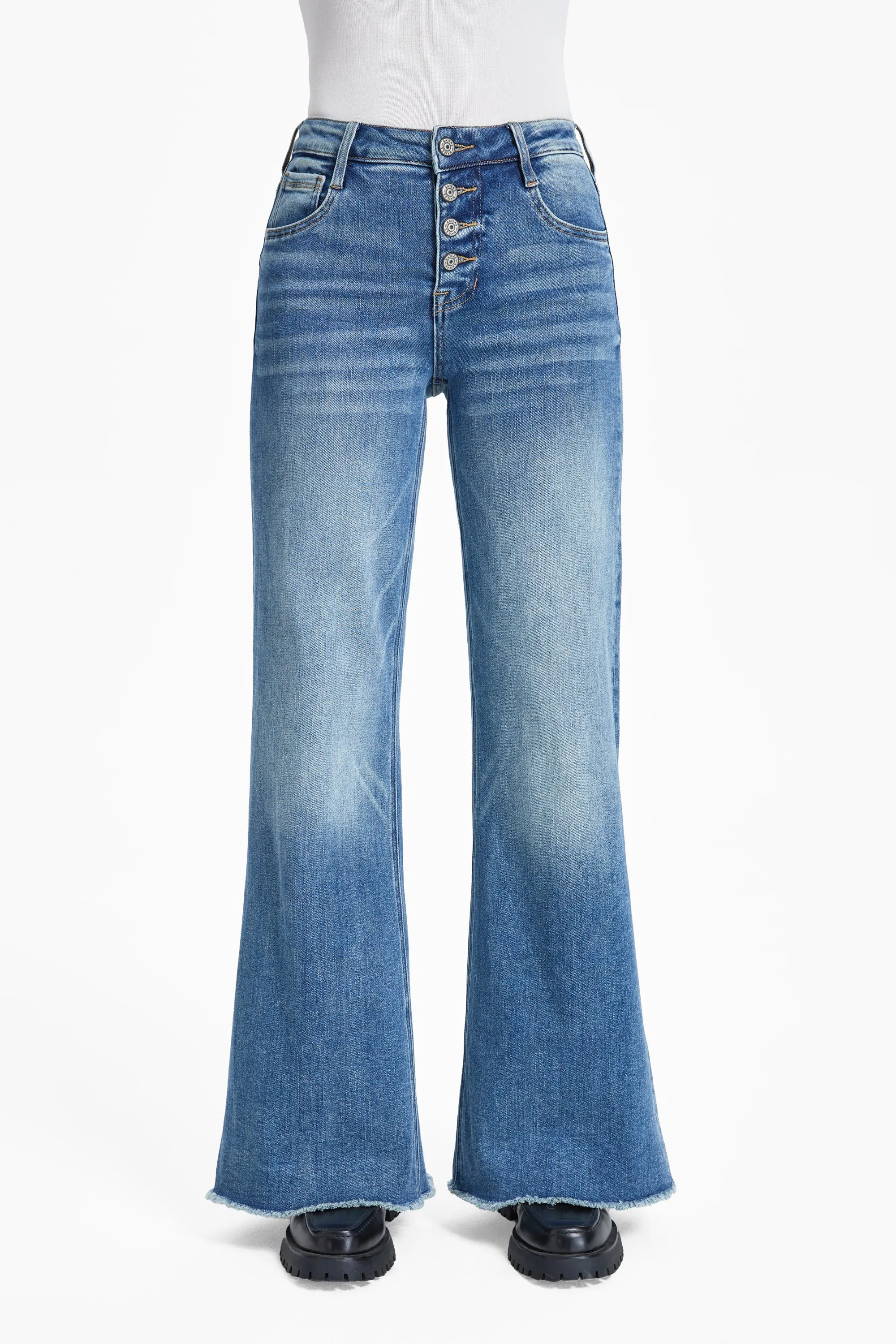 High Rise Wide Leg Denim Jeans With Frayed Hem