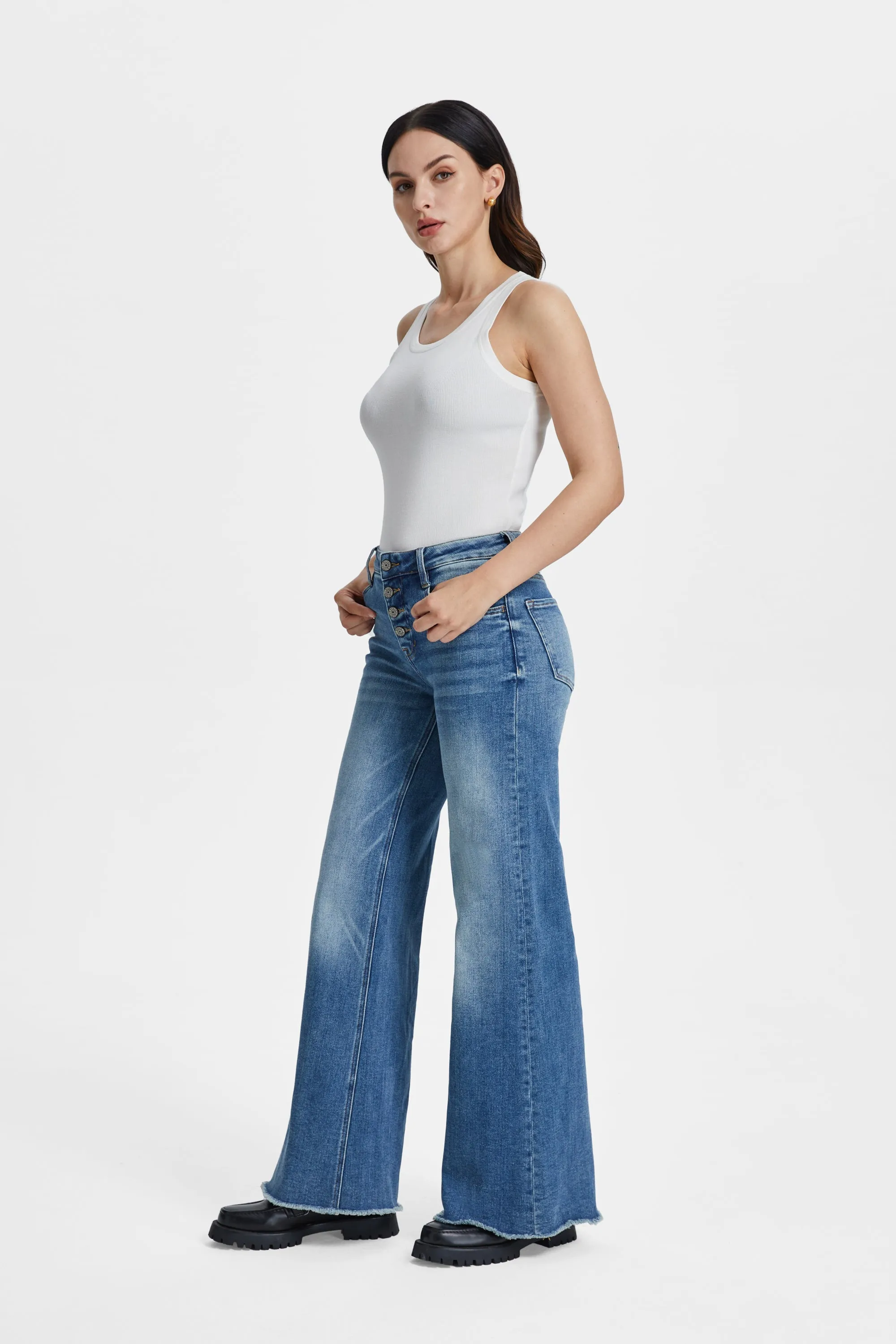 High Rise Wide Leg Denim Jeans With Frayed Hem