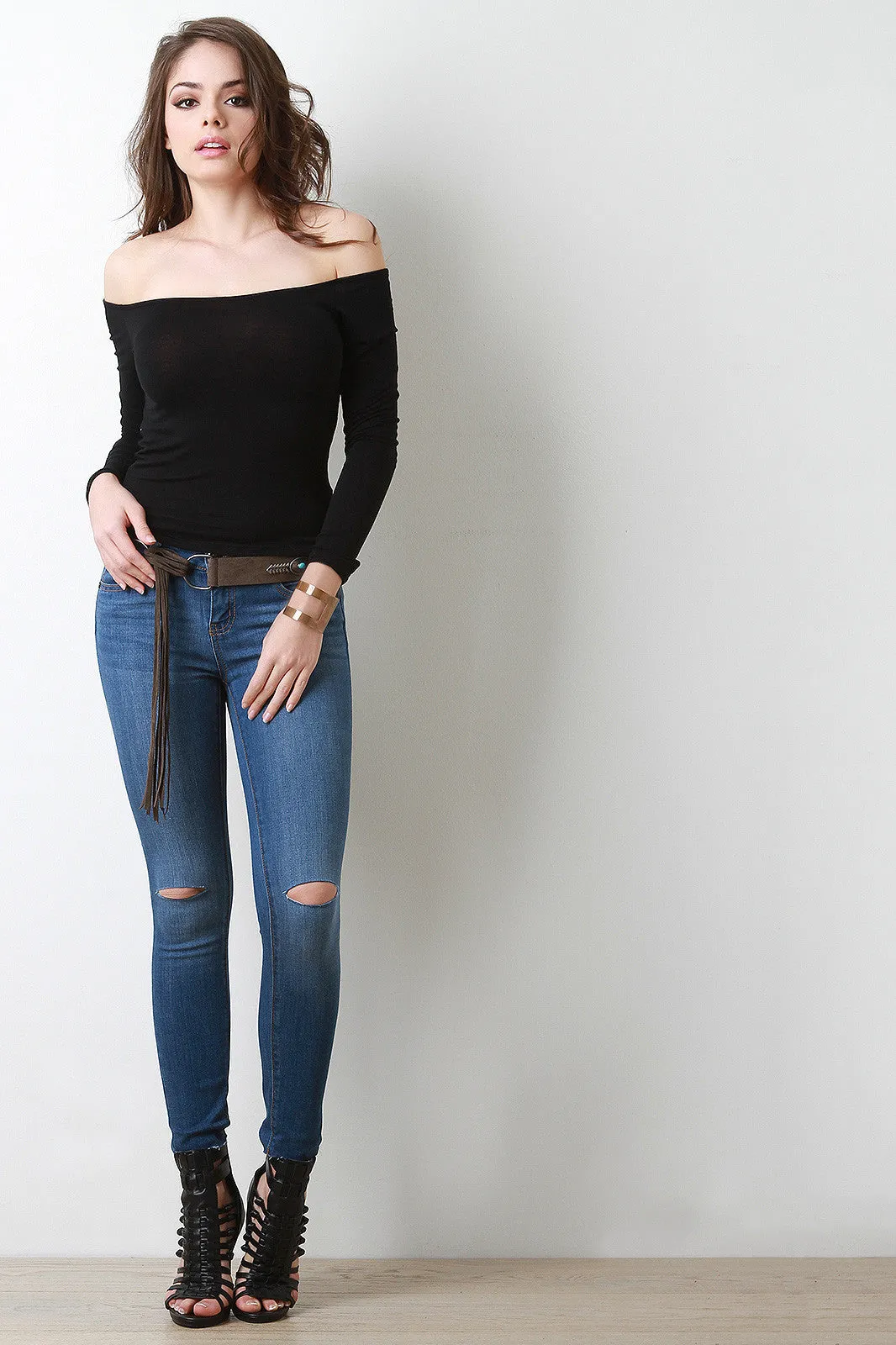 Knee Slit Raw Hem Skinny Jeans