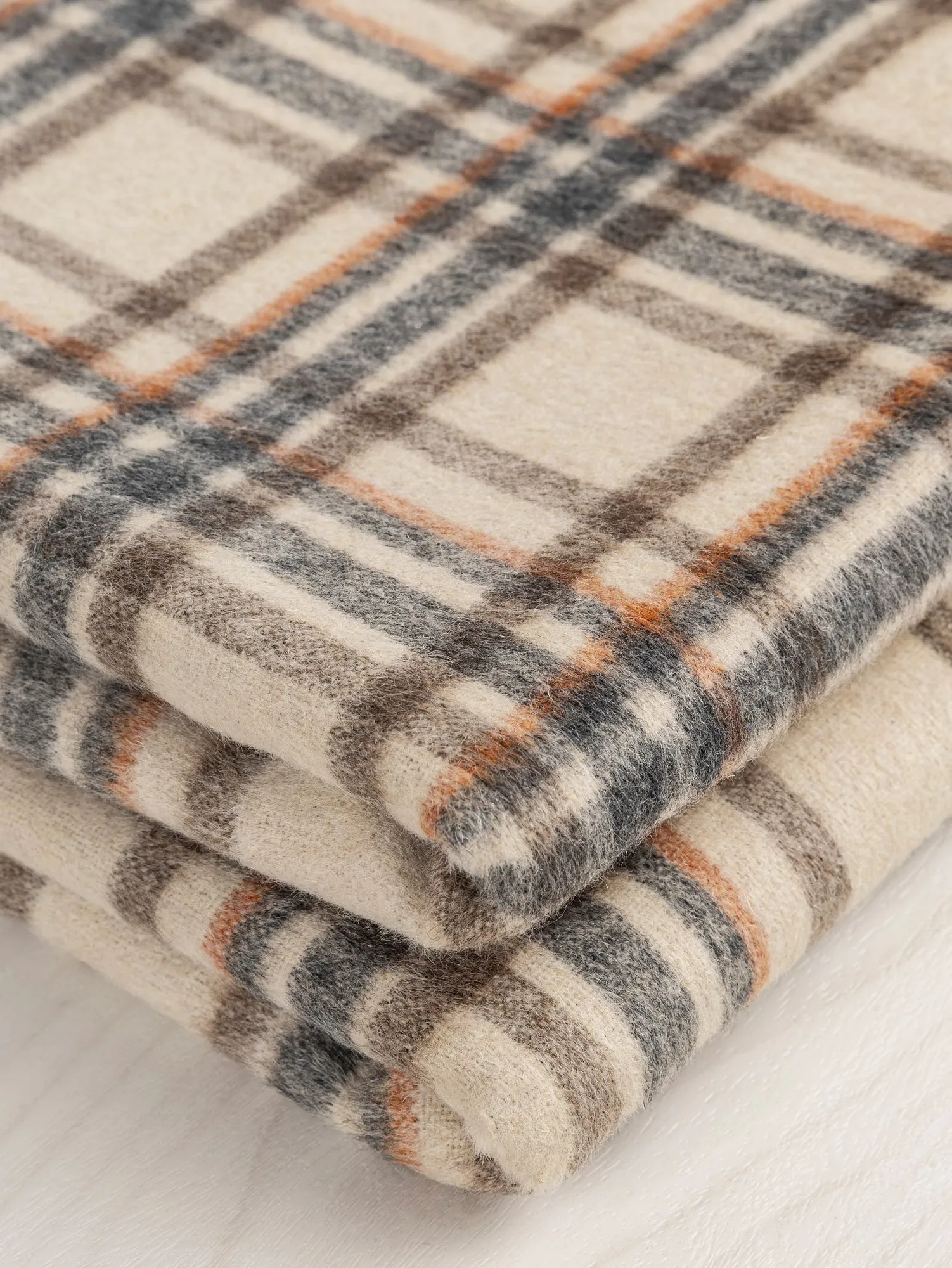 Large Plaid Brushed Wool Blend Deadstock - Cream   Brown   Blue   Orange - Swatch