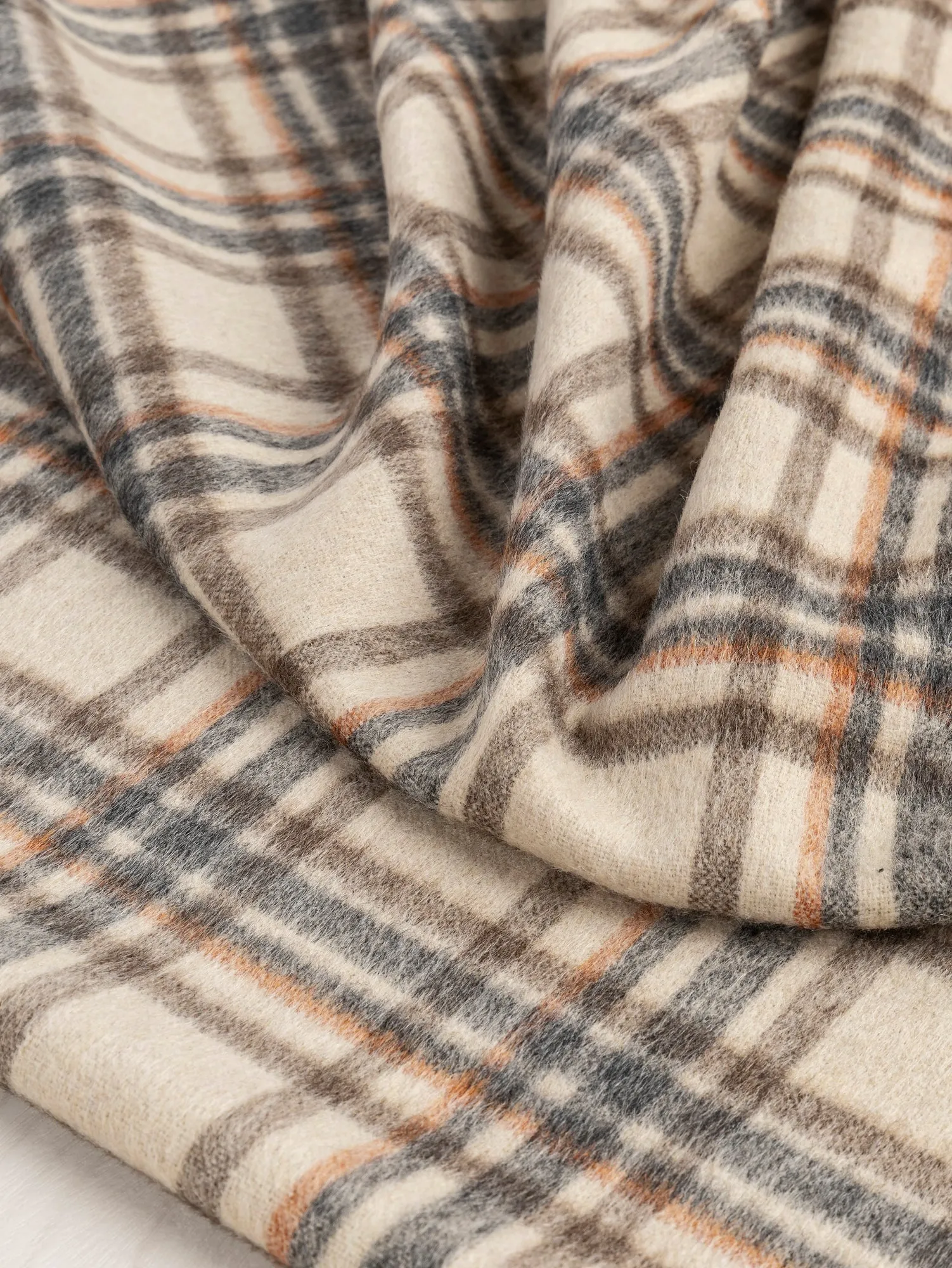 Large Plaid Brushed Wool Blend Deadstock - Cream   Brown   Blue   Orange - Swatch