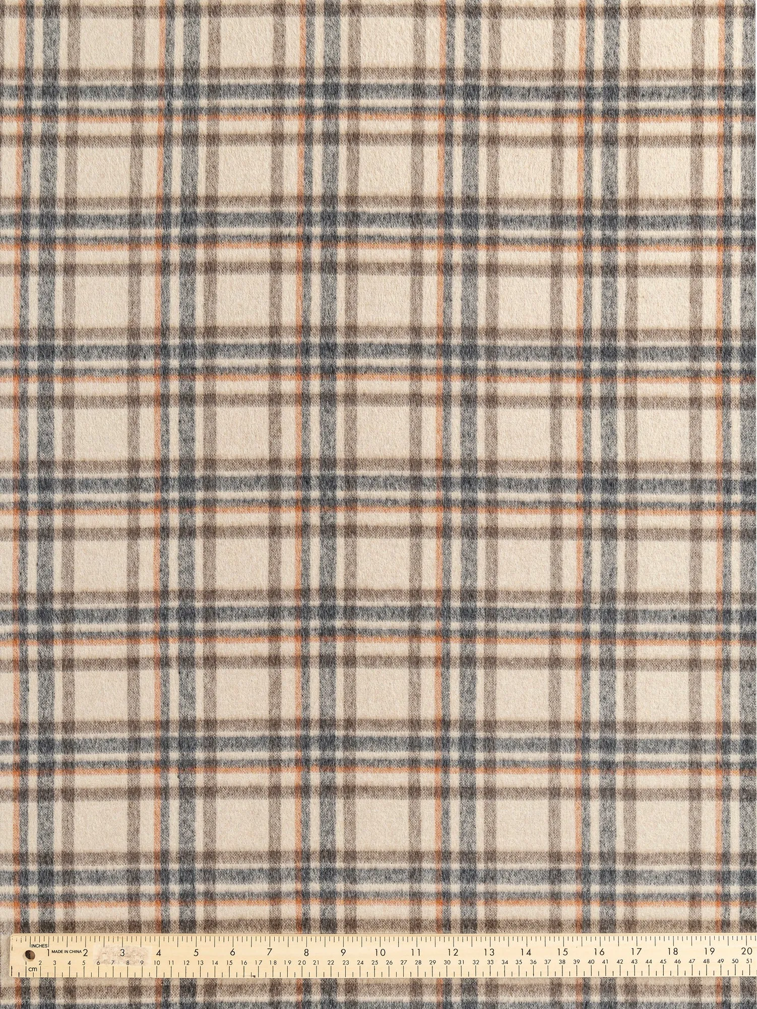 Large Plaid Brushed Wool Blend Deadstock - Cream   Brown   Blue   Orange - Swatch