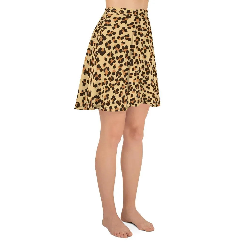 Leopard Print Women's Skater Skirt, Brown Animal Print Mid-Thigh Skirt-Made in USA/EU