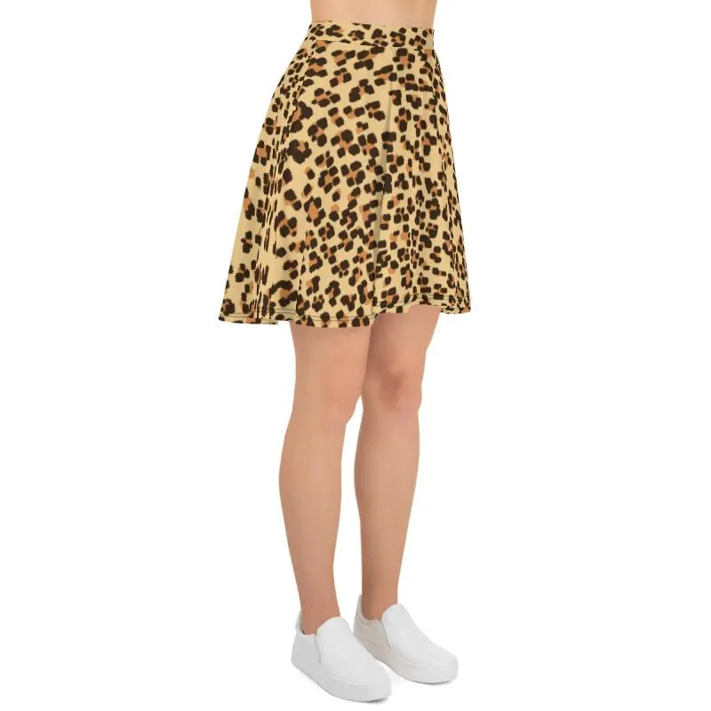 Leopard Print Women's Skater Skirt, Brown Animal Print Mid-Thigh Skirt-Made in USA/EU